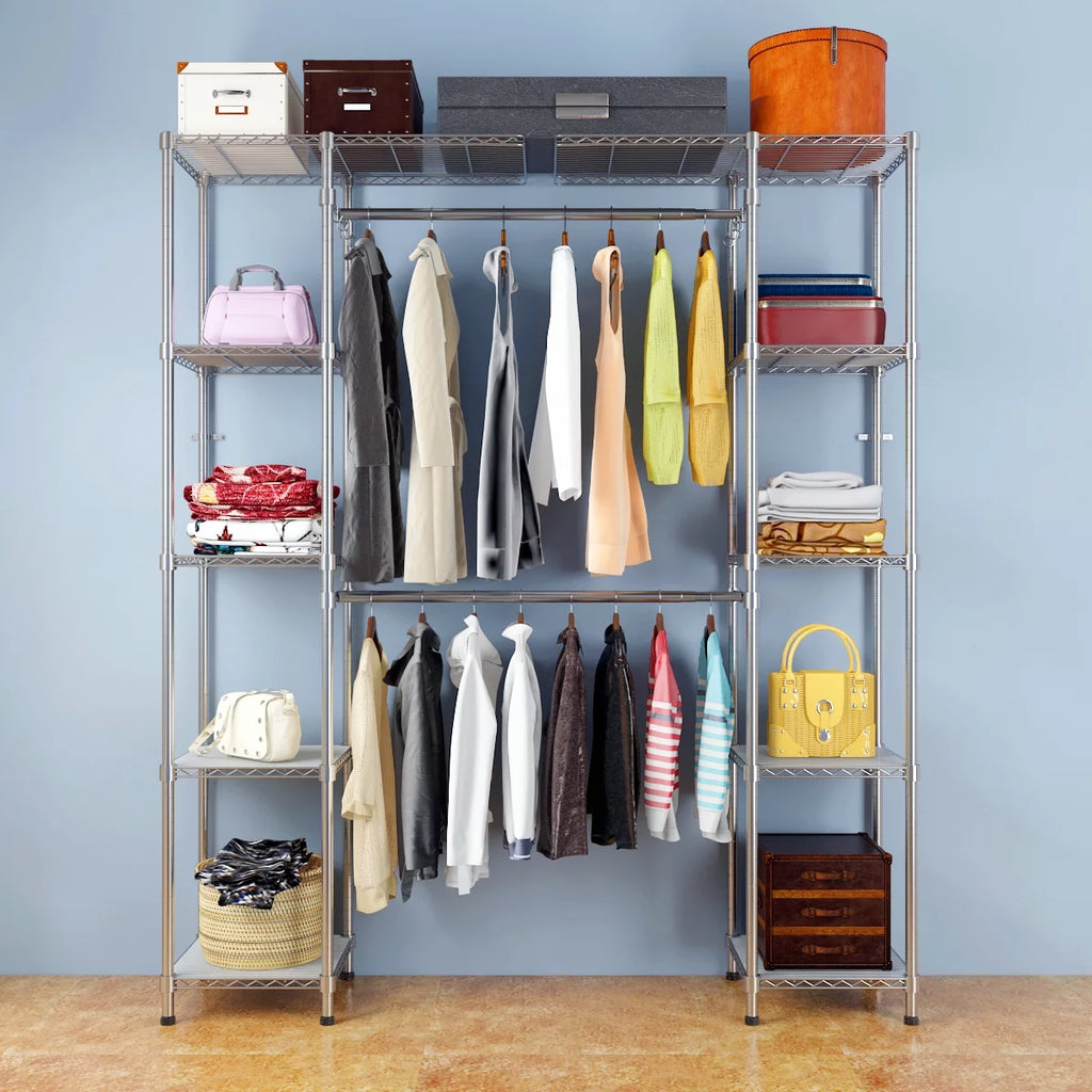 Freestanding Closet System Storage Organizer Shelves Kit Expandable Heavy Duty Garment Rack Metal Silver Y60339