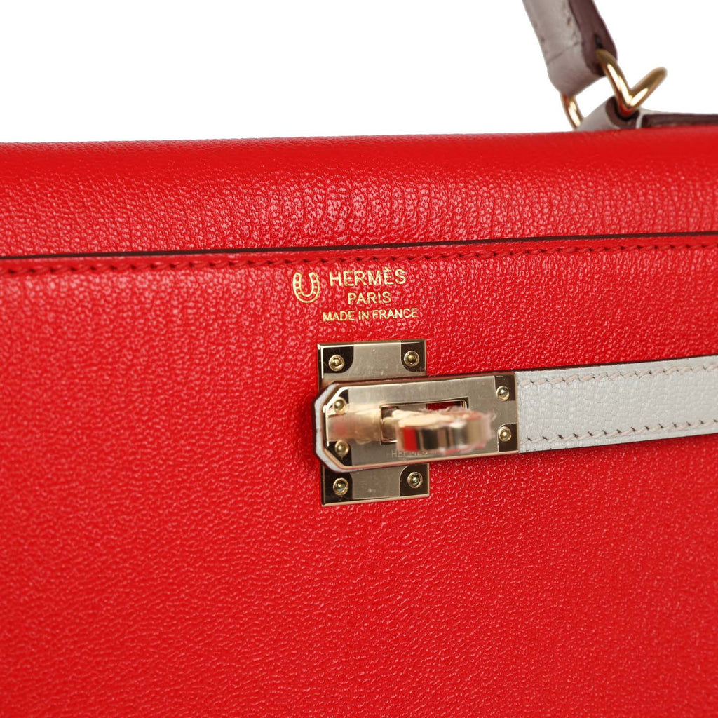 Kelly Sellier 25 Rouge De Coeur and Gris Perle Chevre Mysore Handbag A744600