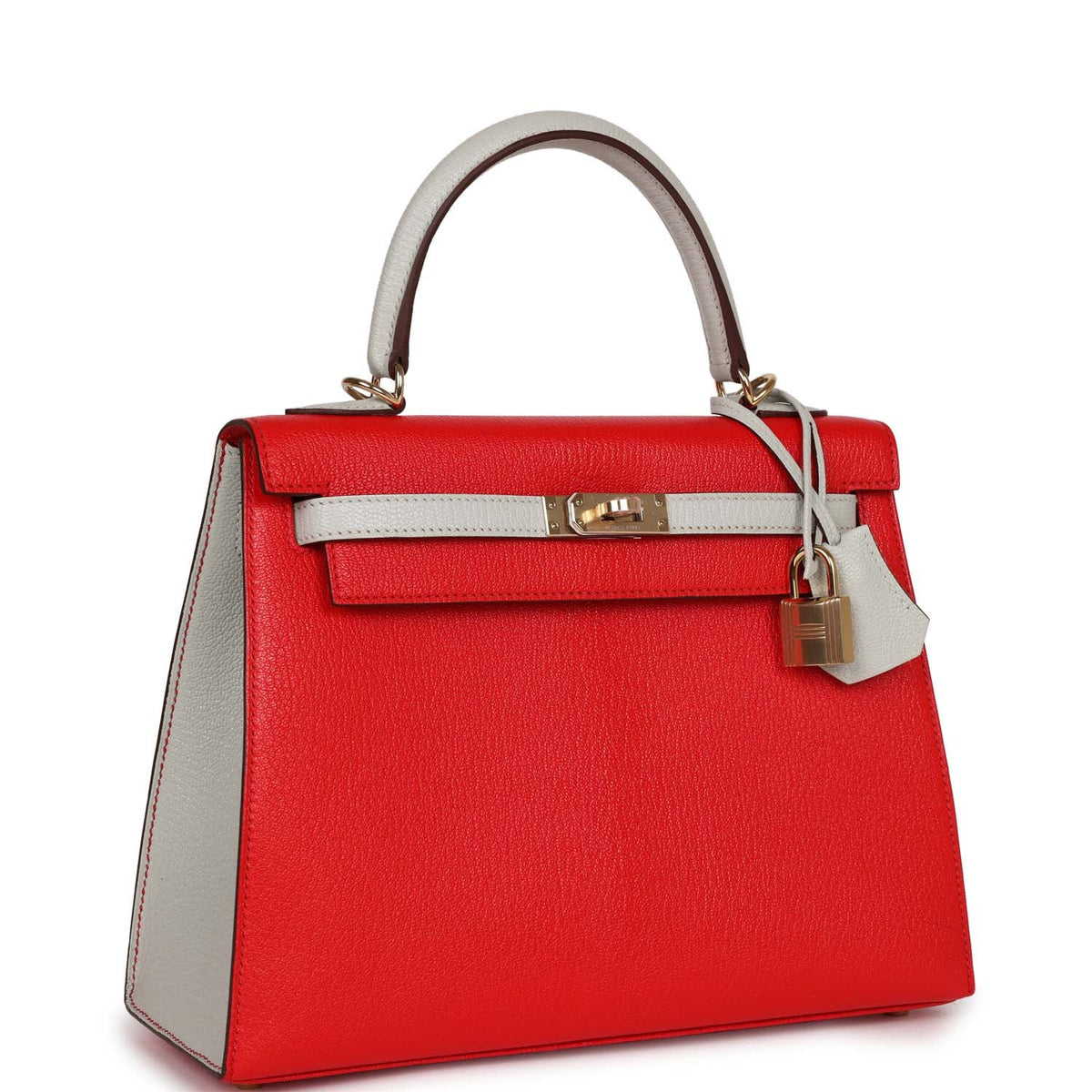 Kelly Sellier 25 Rouge De Coeur and Gris Perle Chevre Mysore Handbag A744600