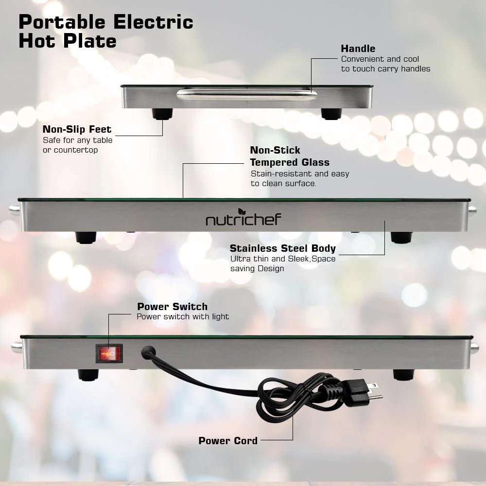 Electric Hot Plate Tray Dish Warmer with Black Glass Top U6884