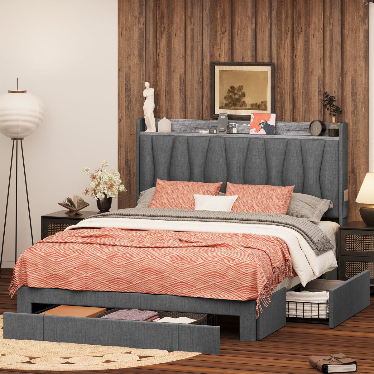 Queen Size Upholstered Storage Bed Frame with 3 Drawers W618167