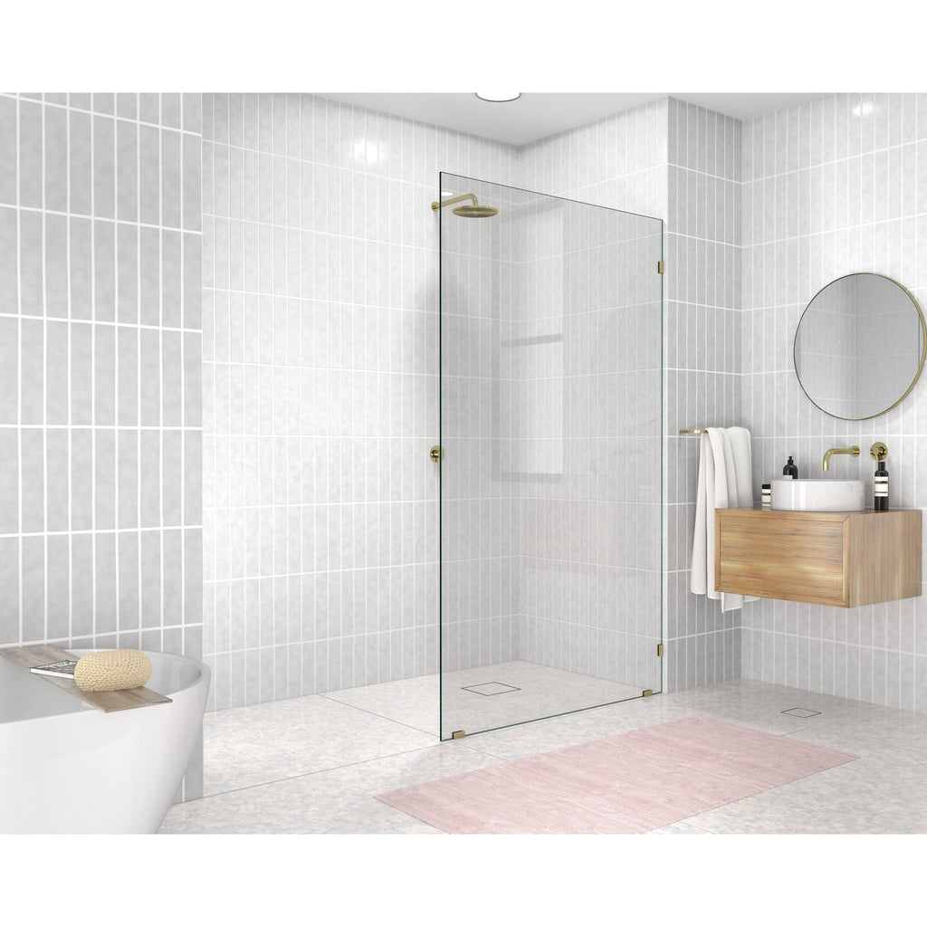 Frameless Shower Door Single Fixed Panel Satin Brass in Gold F649