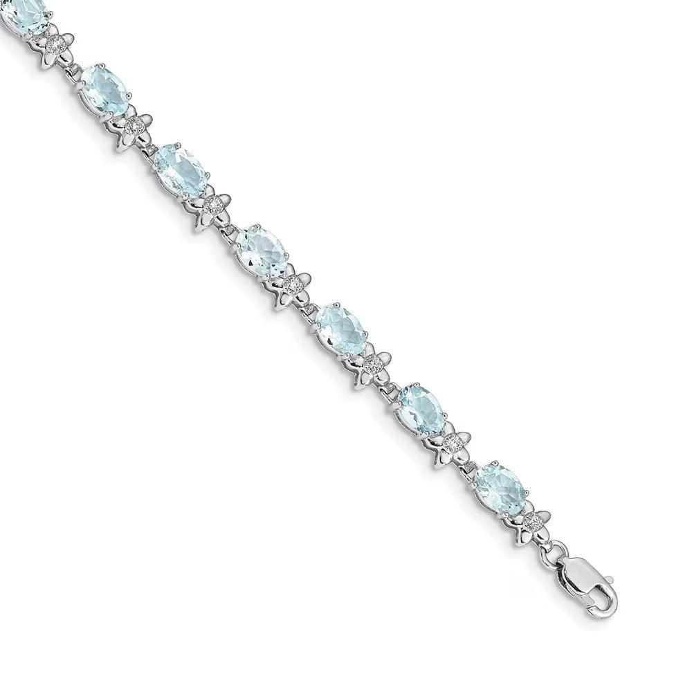 14 Karat White Gold Floral Diamond and Aquamarine Bracelet L801