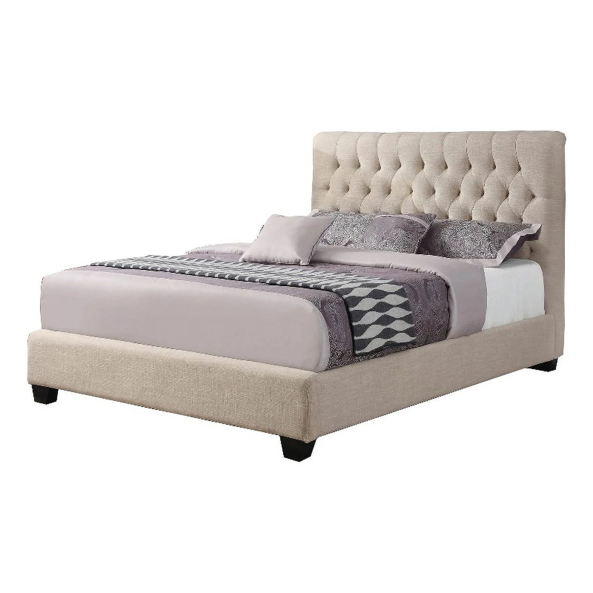 Beige Queen Size Wooden Platform Bed with Tufted Headboard L494
