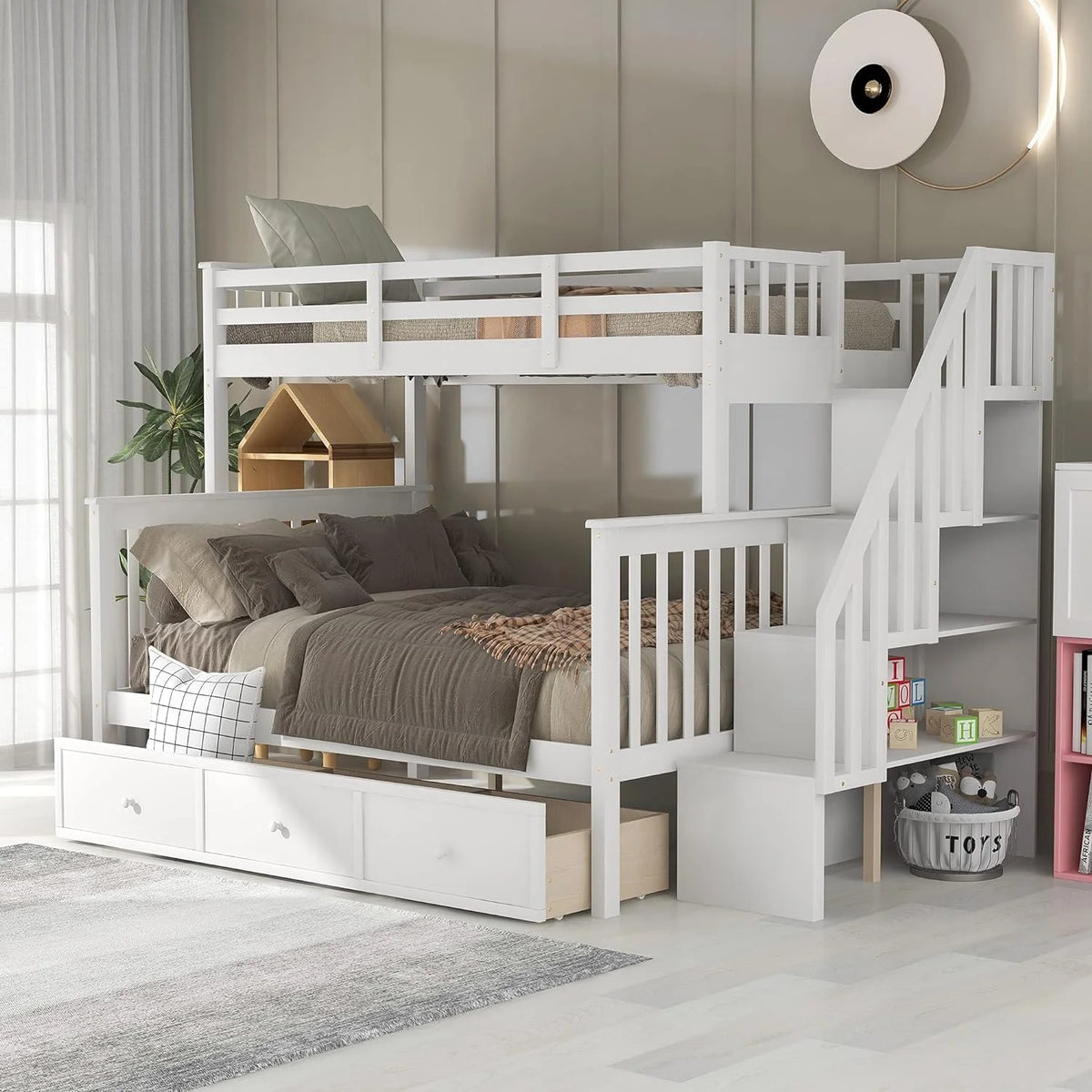 White Solid Wood Bunk Bed with Stairs and Storage Drawers Q7460
