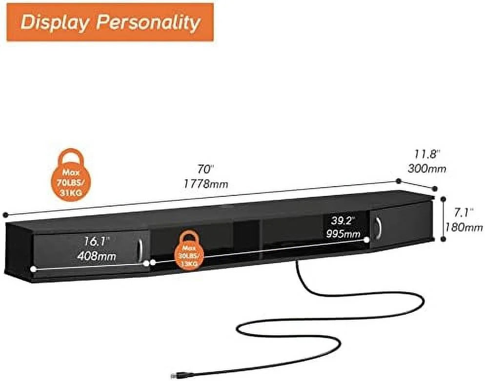 Black Wall Mounted Floating TV Stand with 16 LED Lights M581