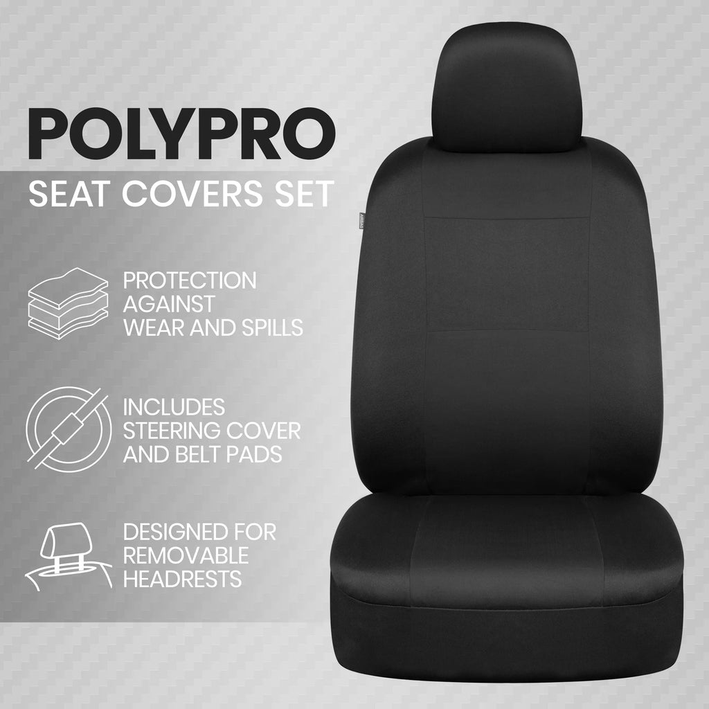 Solid Black Car Seat Covers Full Set with Steering Wheel Cover & Seat Belt Pads F189154