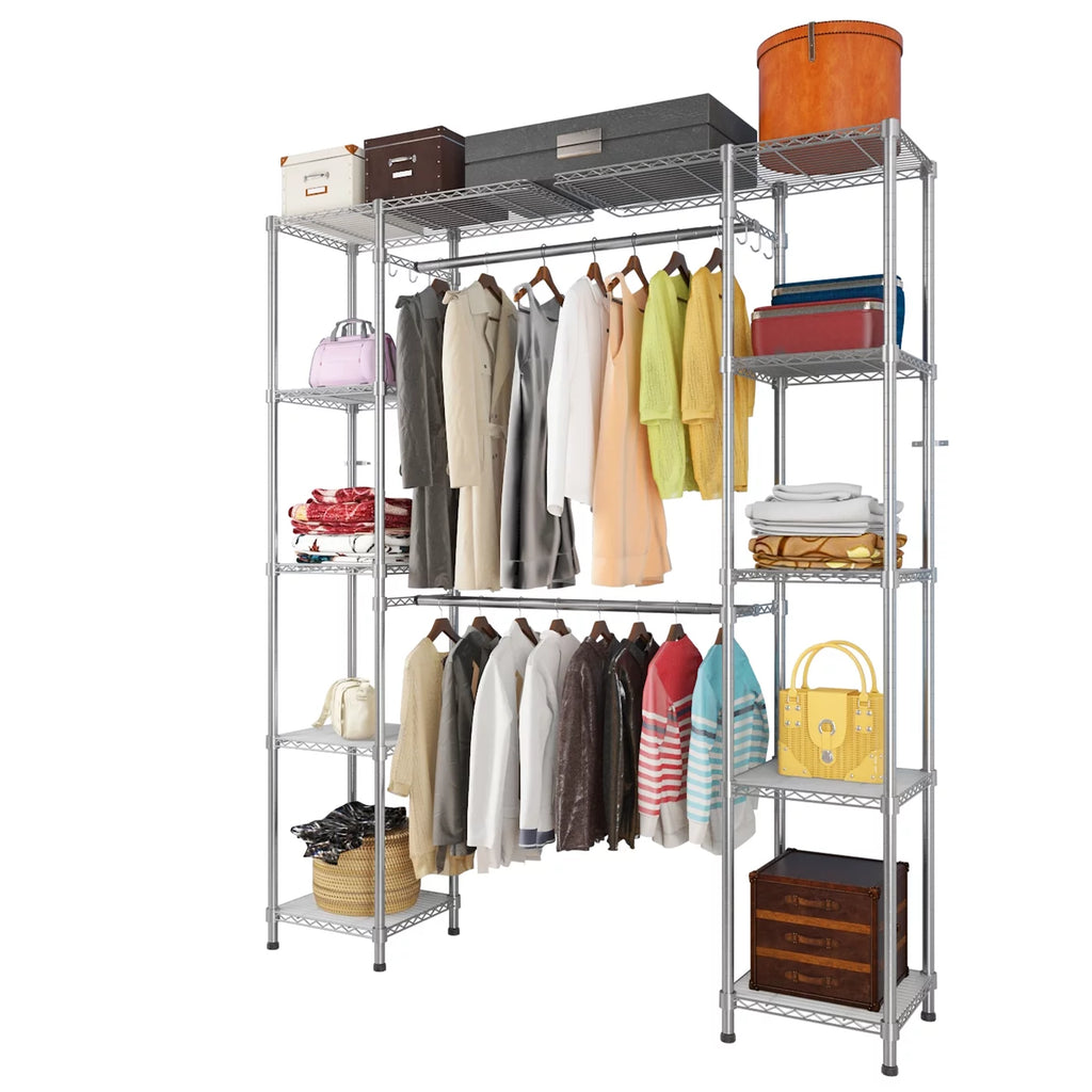 Freestanding Closet System Storage Organizer Shelves Kit Expandable Heavy Duty Garment Rack Metal Silver Y60339