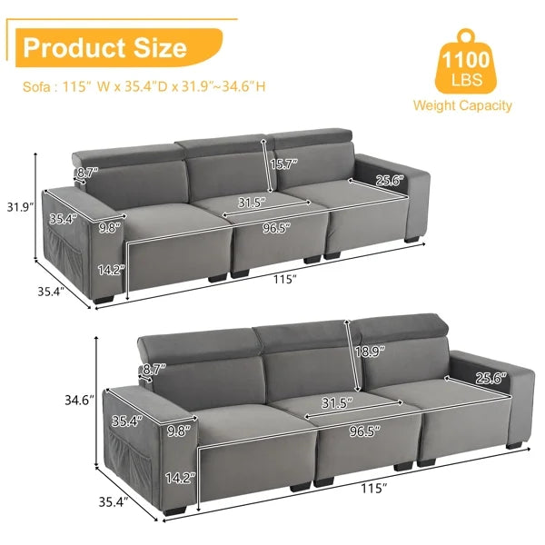 Dark gray flannel three-person sofa with side pockets W620