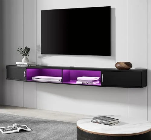 Black Wall Mounted Floating TV Stand with 16 LED Lights M581