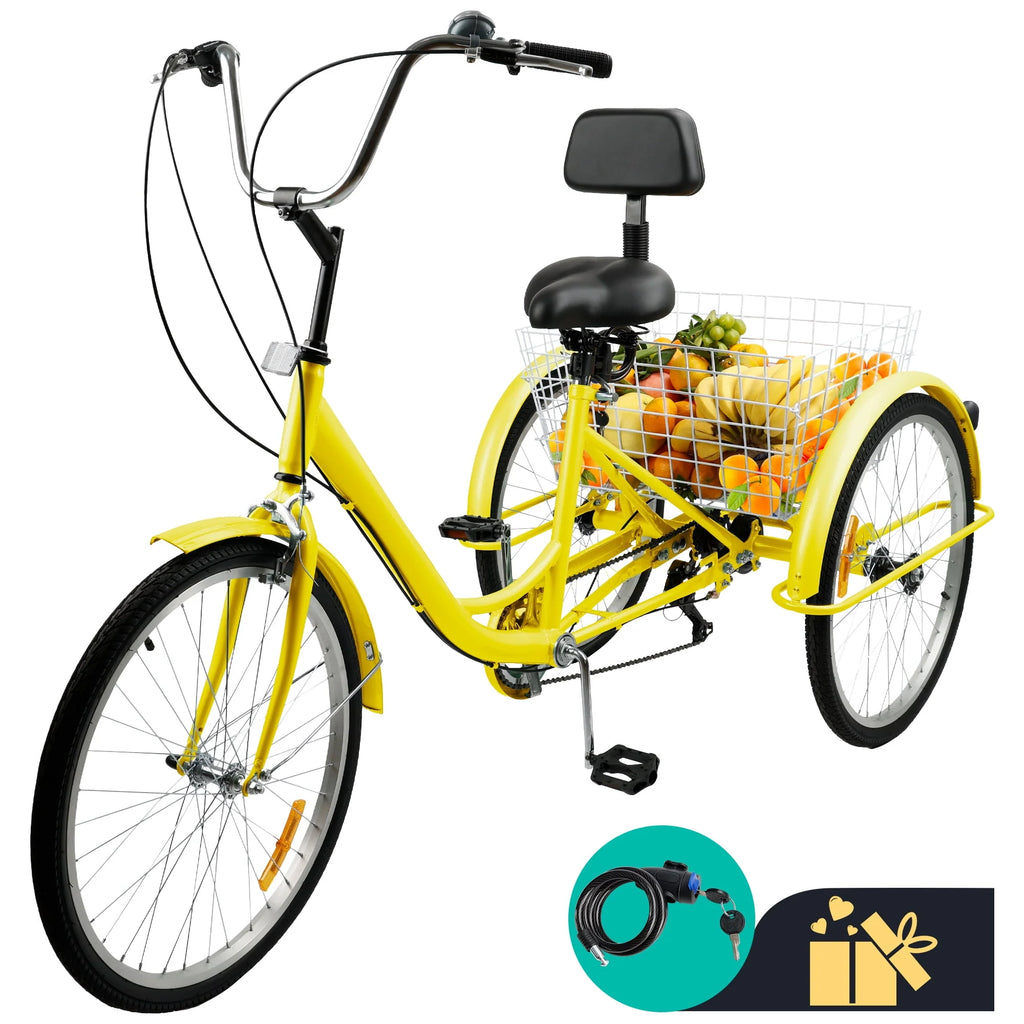 7-Speed Adult Tricycle 24 Purple Cruiser Bike with Seat and Rear Basket W762