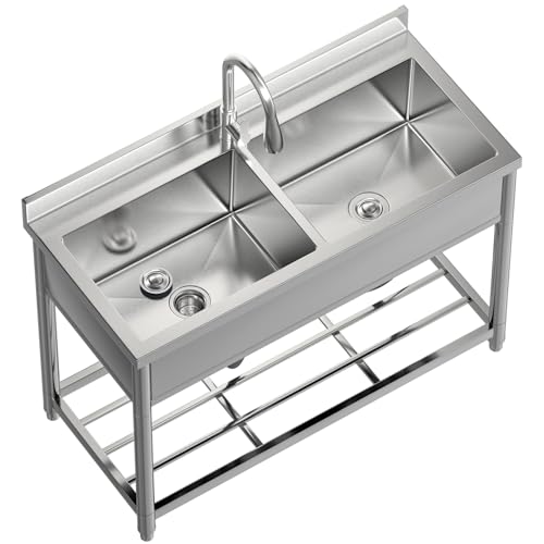 2-Compartment Stainless Steel Utility Sink with Pull-out Faucet A378