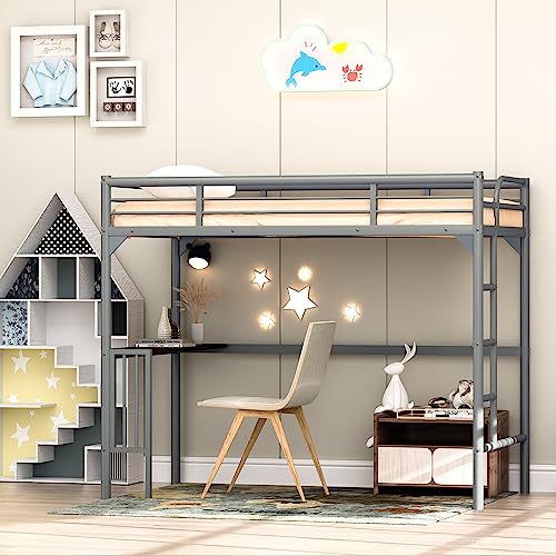 White Twin XL Loft Bed with Stairs and L-shaped Desk D17978