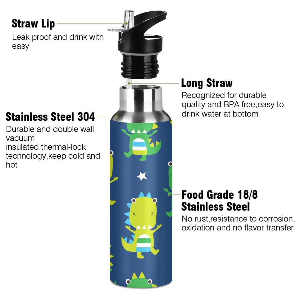 Green Dinosaur Blue Stainless Steel Insulated Water Bottle with Straw Lid C89235