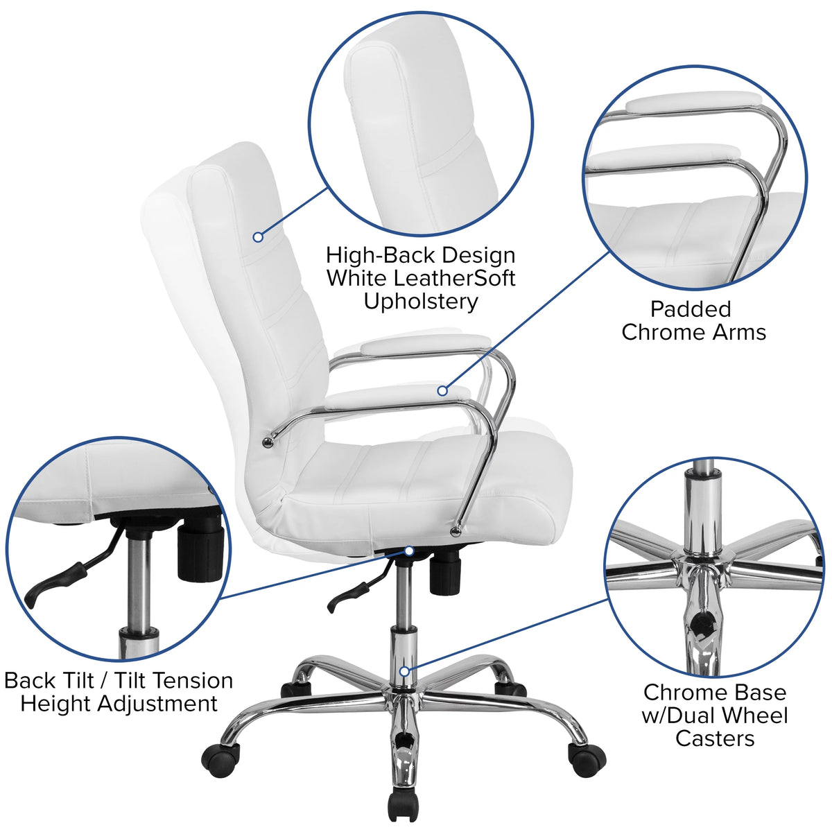 White High Back Executive Swivel Office Chair with Chrome Arms M760