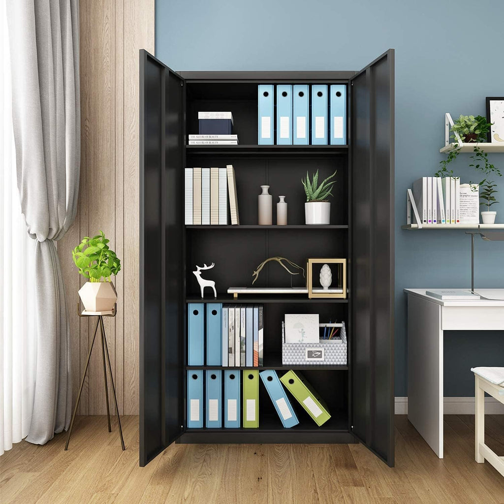 Black Steel Storage Cabinet with 4 Adjustable Shelves and Lockable Doors O3621