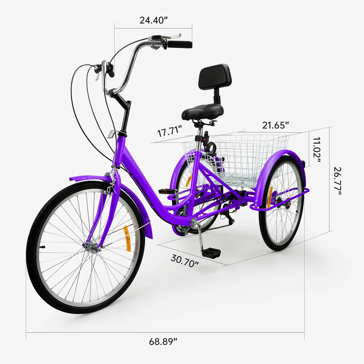 7-Speed Adult Tricycle 24 Purple Cruiser Bike with Seat and Rear Basket W762