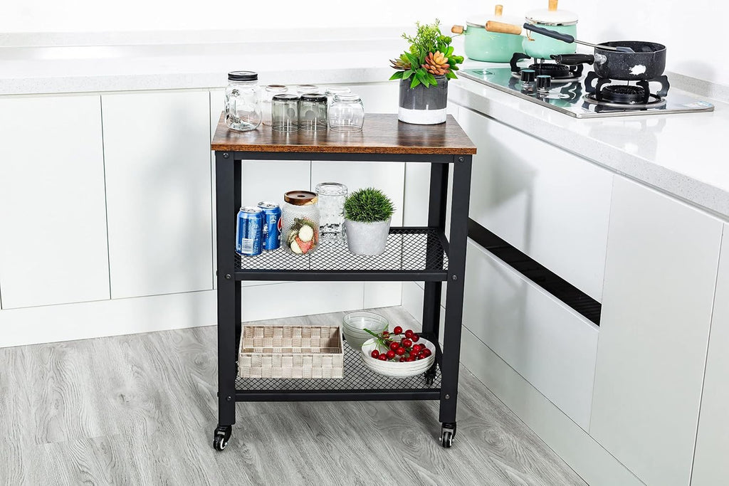 Standing Racks with Casters, 2 Mesh Shelves, Kitchen Service Trolley Cart M10088