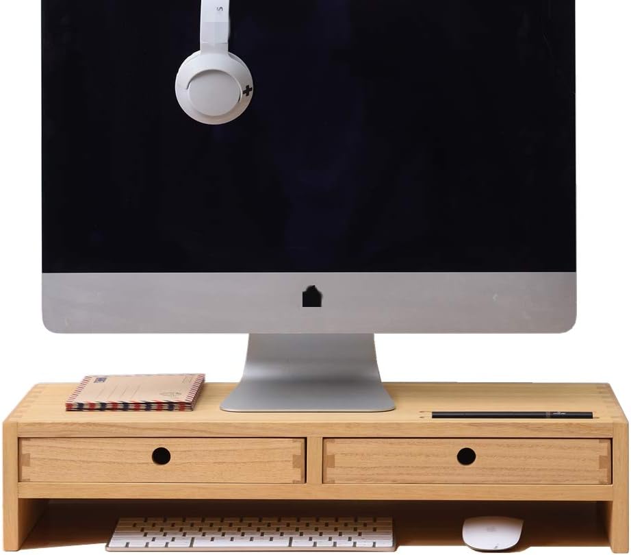 Dark Brown Wood Monitor Stand with 2 Drawers, Pack of 2 P699671