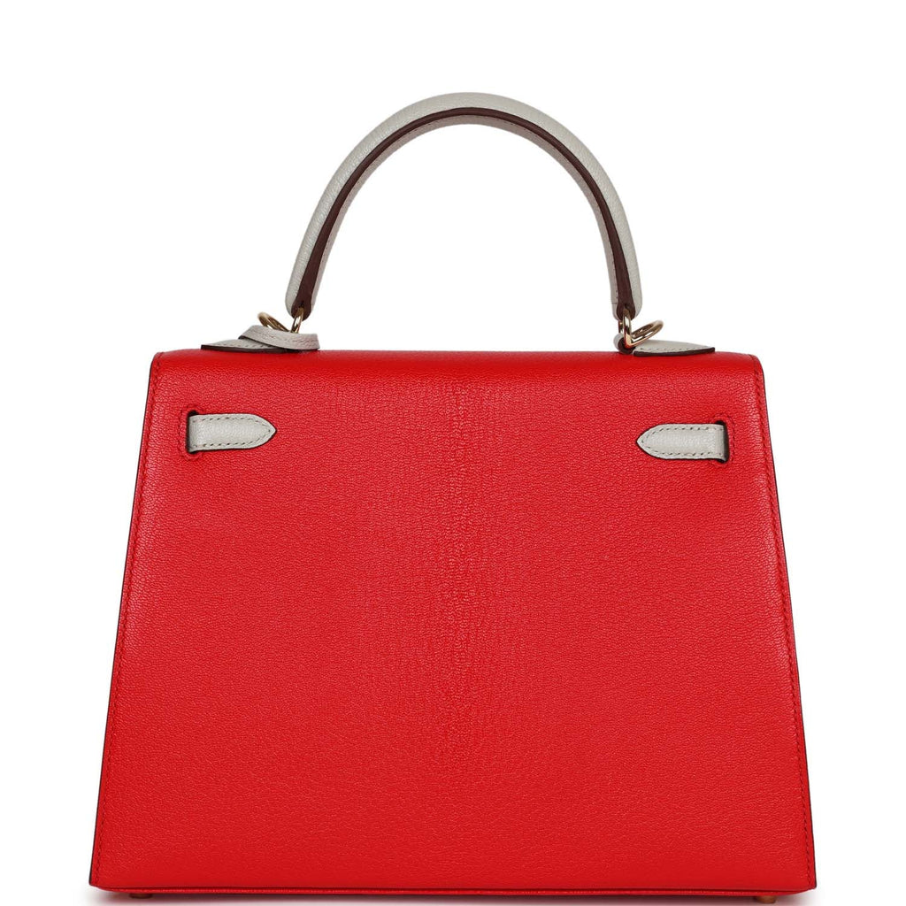 Kelly Sellier 25 Rouge De Coeur and Gris Perle Chevre Mysore Handbag A744600