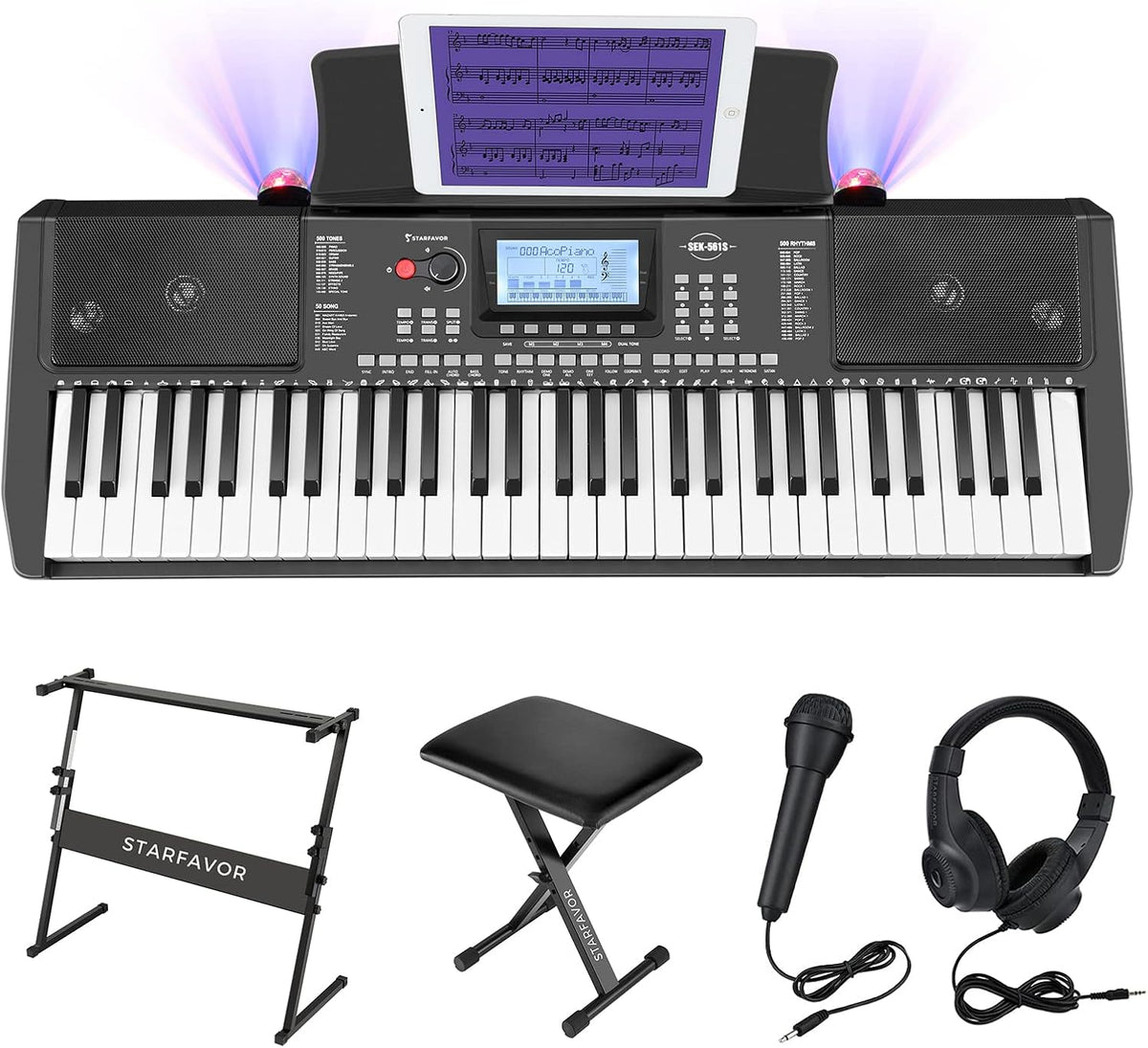 61 Key Electronic Keyboard Piano with LCD Display, Z-style Stand, Bench, Microphone, Headphone, Keynote Stickers D523