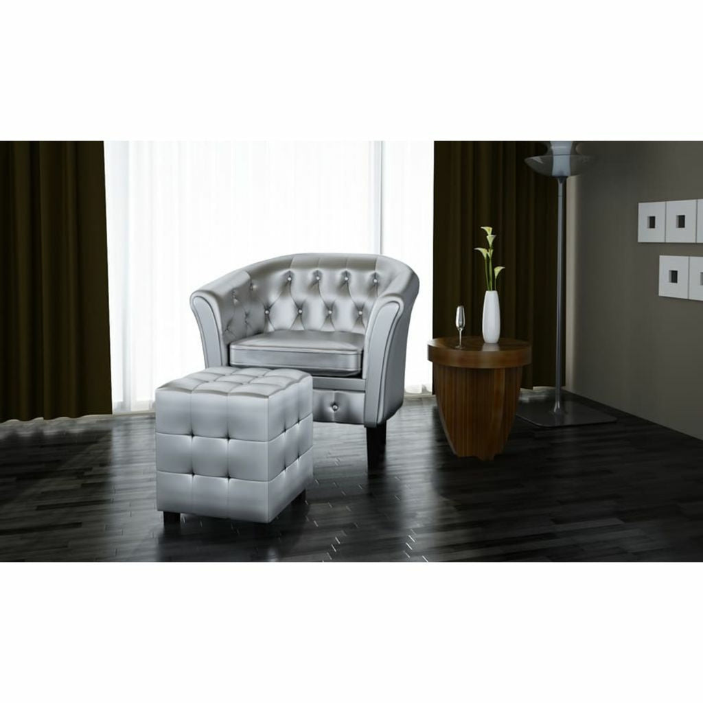 Silver Faux Leather Tub Chair with Footstool D1457