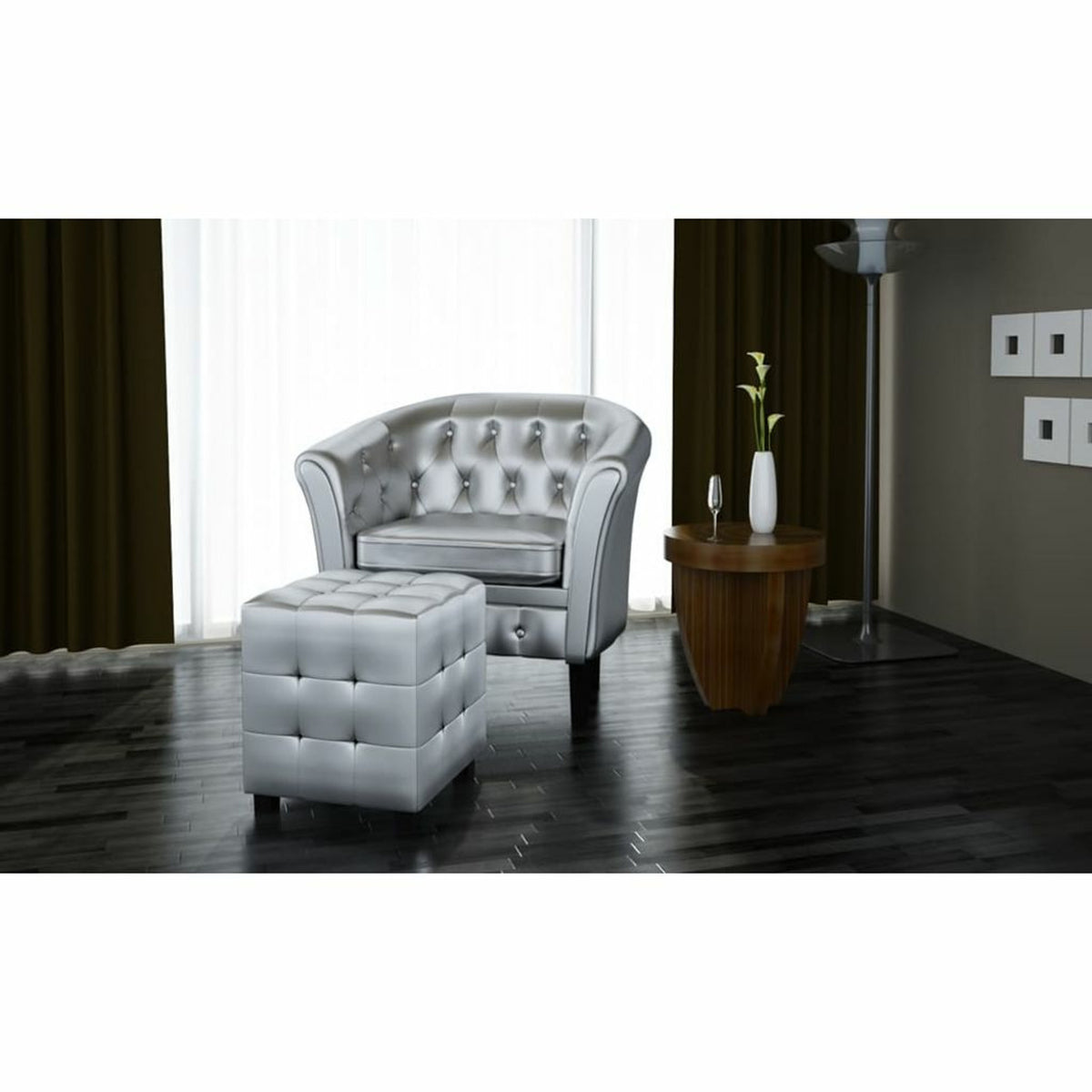 Silver Faux Leather Tub Chair with Footstool D1457