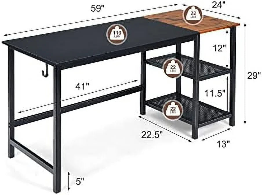 59 Inch Computer Desk with Charging Station and 2 Tier Shelves C9229