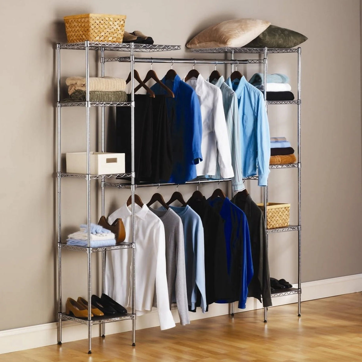 Freestanding Closet System Storage Organizer Shelves Kit Expandable Heavy Duty Garment Rack Metal Silver Y60339