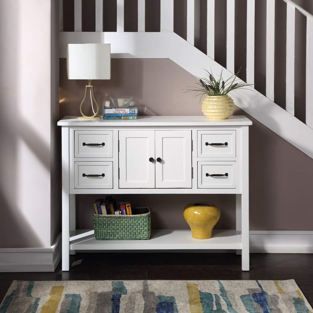 White and Brown 4 Drawers Storage Console Table with Cabinet and Shelf R9413