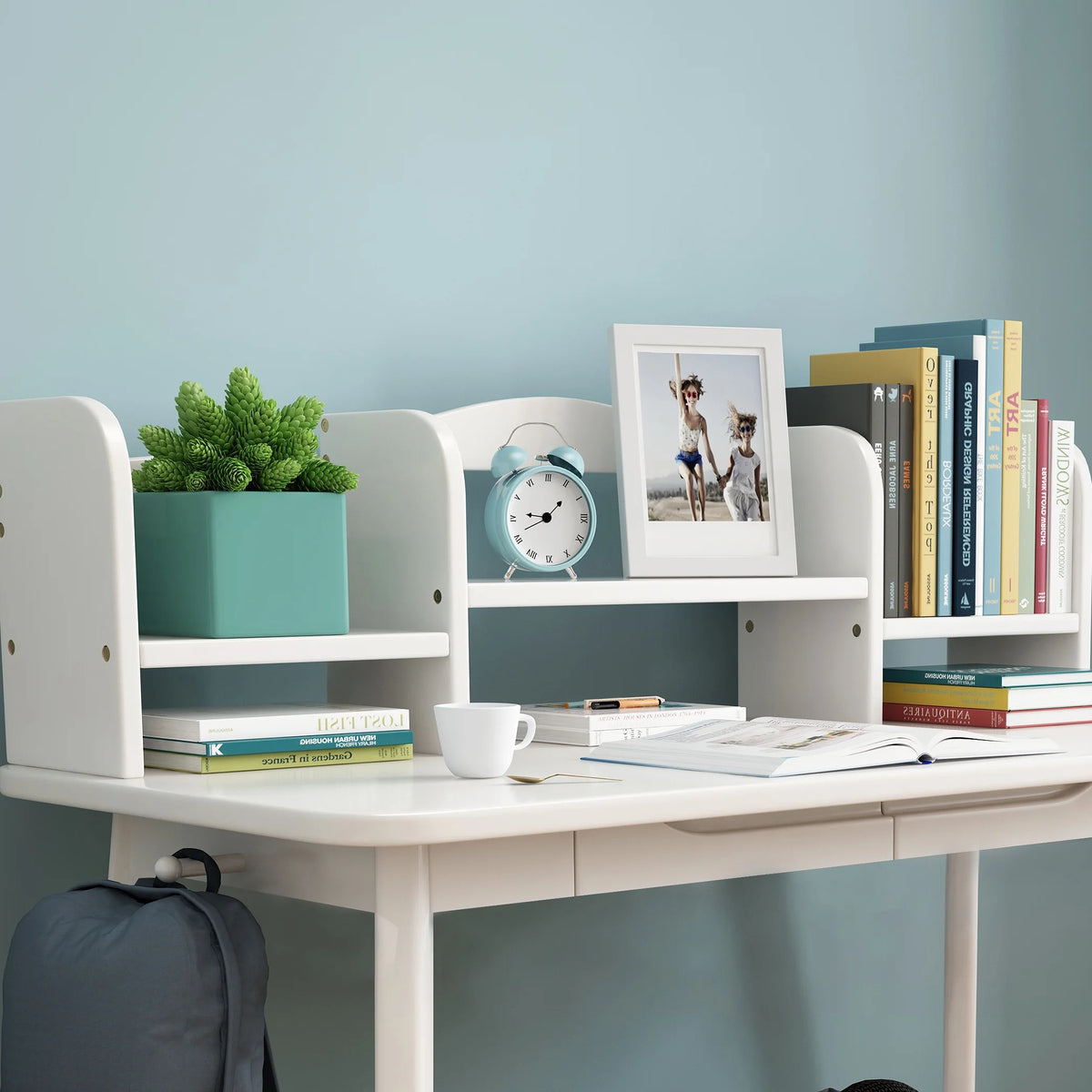 White Wooden Kid's Desk with Drawers and Bookshelf B28023