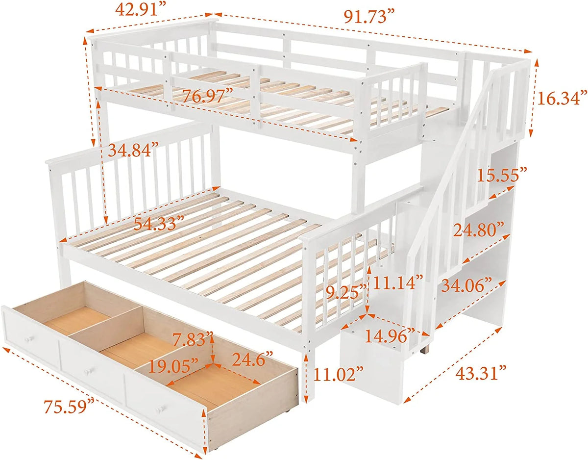 White Solid Wood Bunk Bed with Stairs and Storage Drawers Q7460