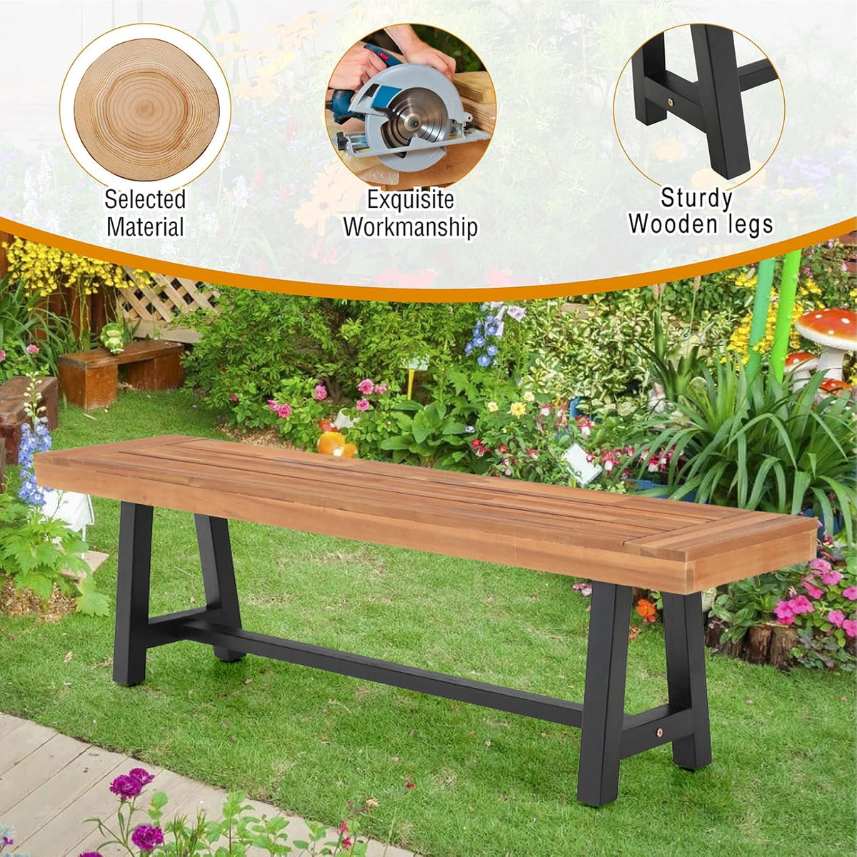 Outdoor Patio Bench Set of 2 Acacia Wood 63 Long Rectangular Dining Bench D37485
