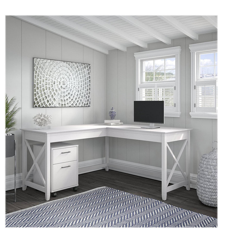 60W L Shaped Desk with 2 Drawer Mobile File Cabinet, Pure White Oak B5318