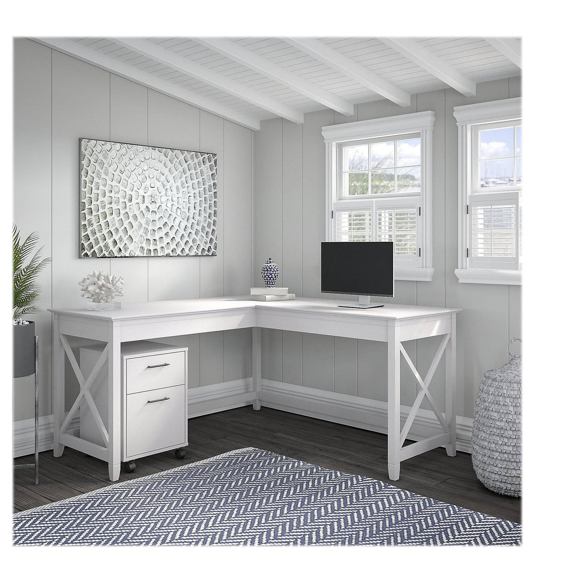 60W L Shaped Desk with 2 Drawer Mobile File Cabinet, Pure White Oak B5318