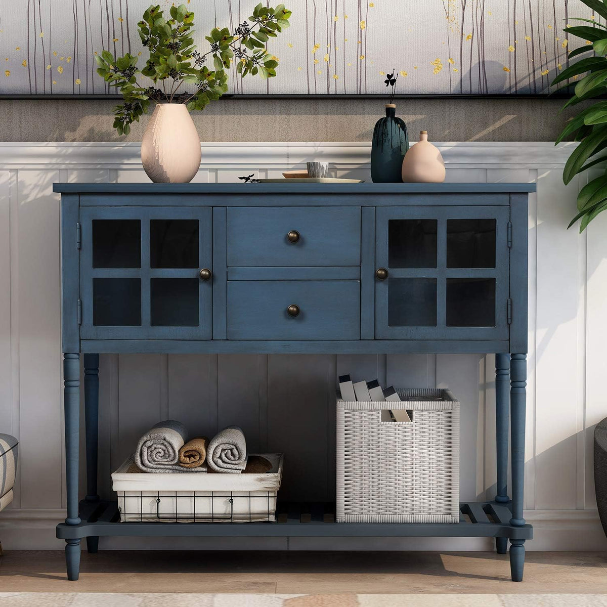 White and Brown 4 Drawers Storage Console Table with Cabinet and Shelf R9413