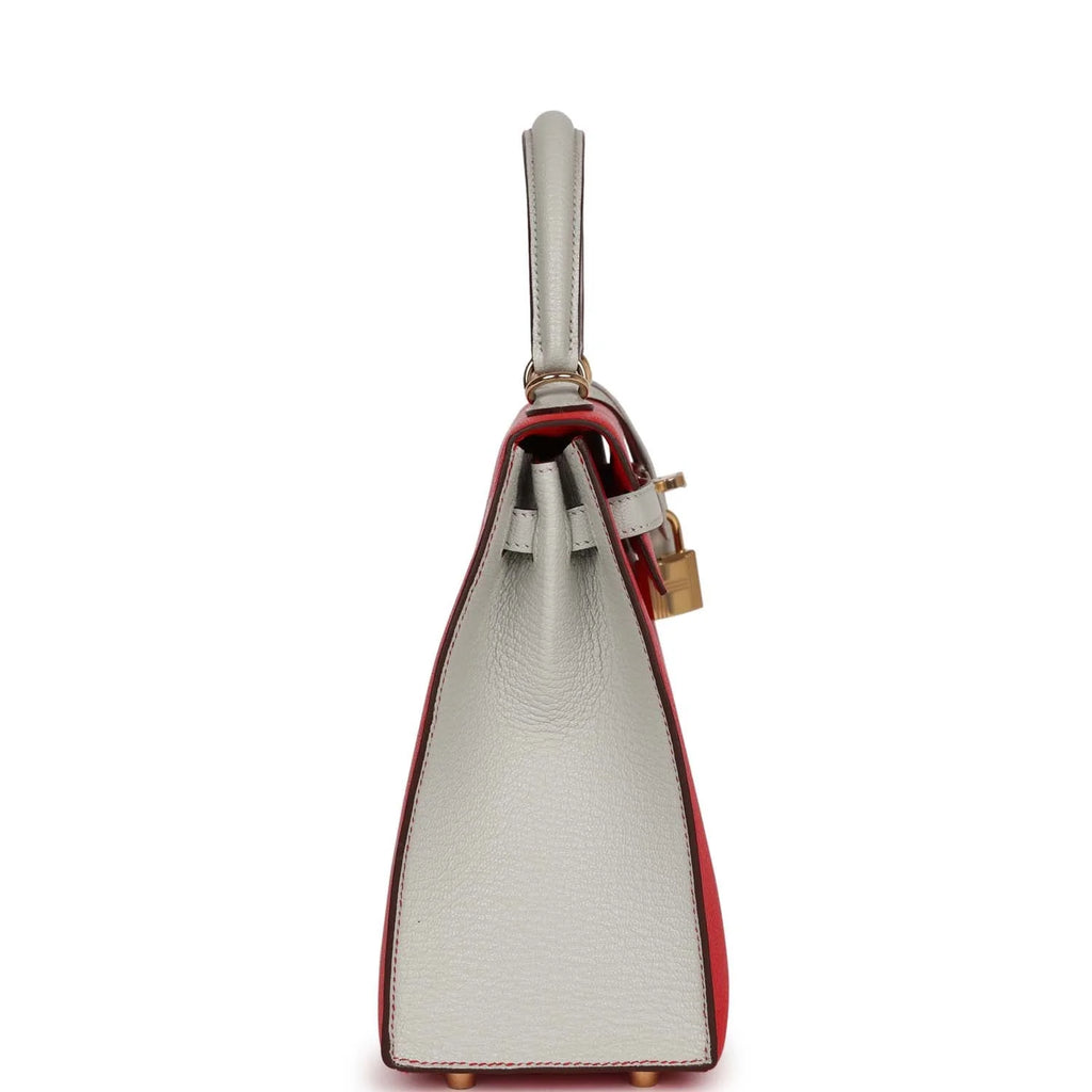 Kelly Sellier 25 Rouge De Coeur and Gris Perle Chevre Mysore Handbag A744600