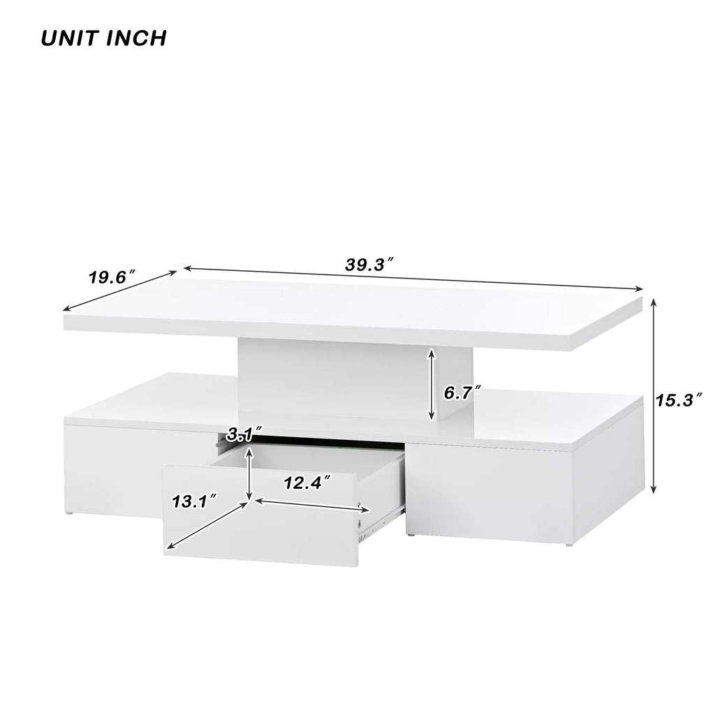 39.3" Coffee Table with Drawer, 2-Tier Rectangle LED White High Gloss D20871