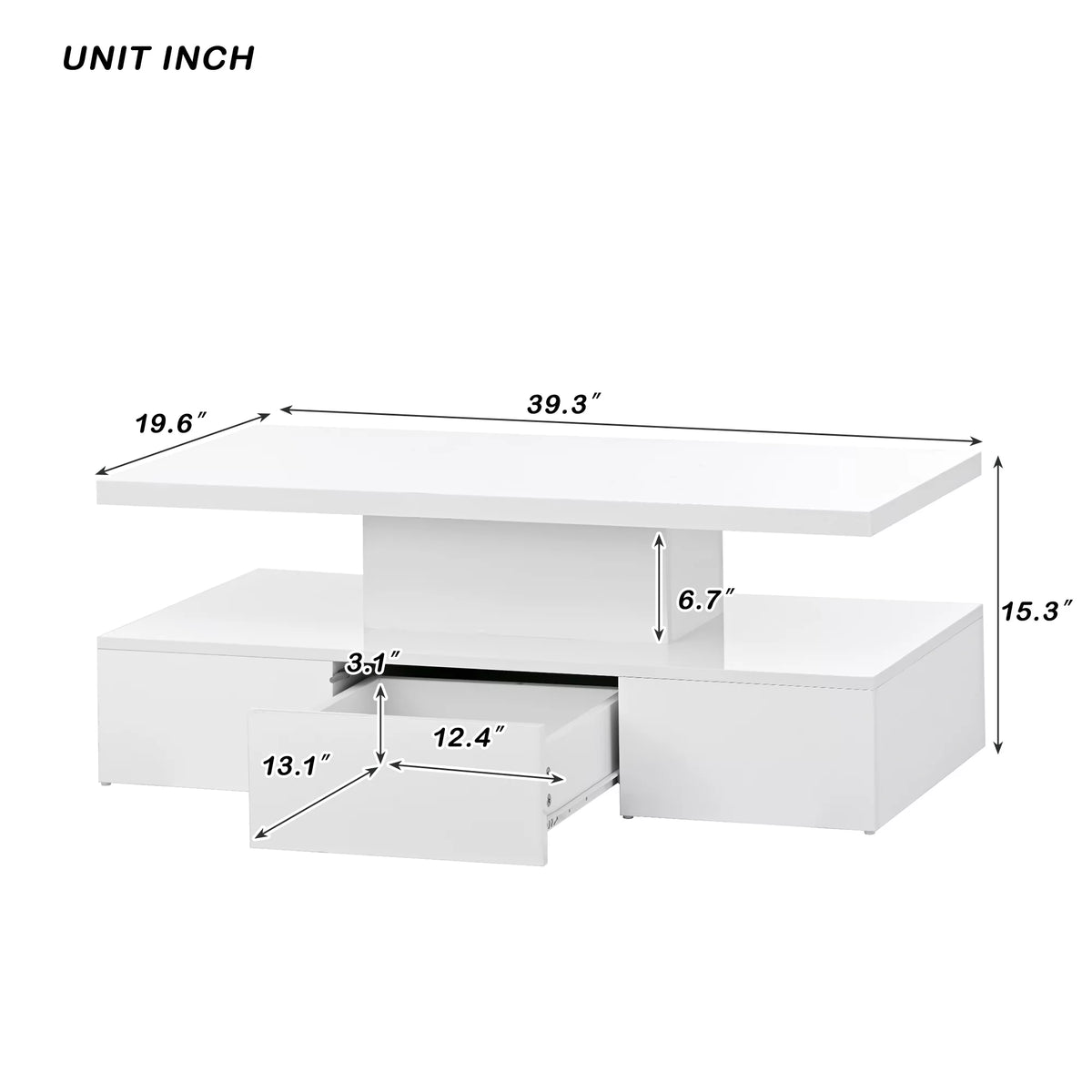39.3" Coffee Table with Drawer, 2-Tier Rectangle LED White High Gloss D20871