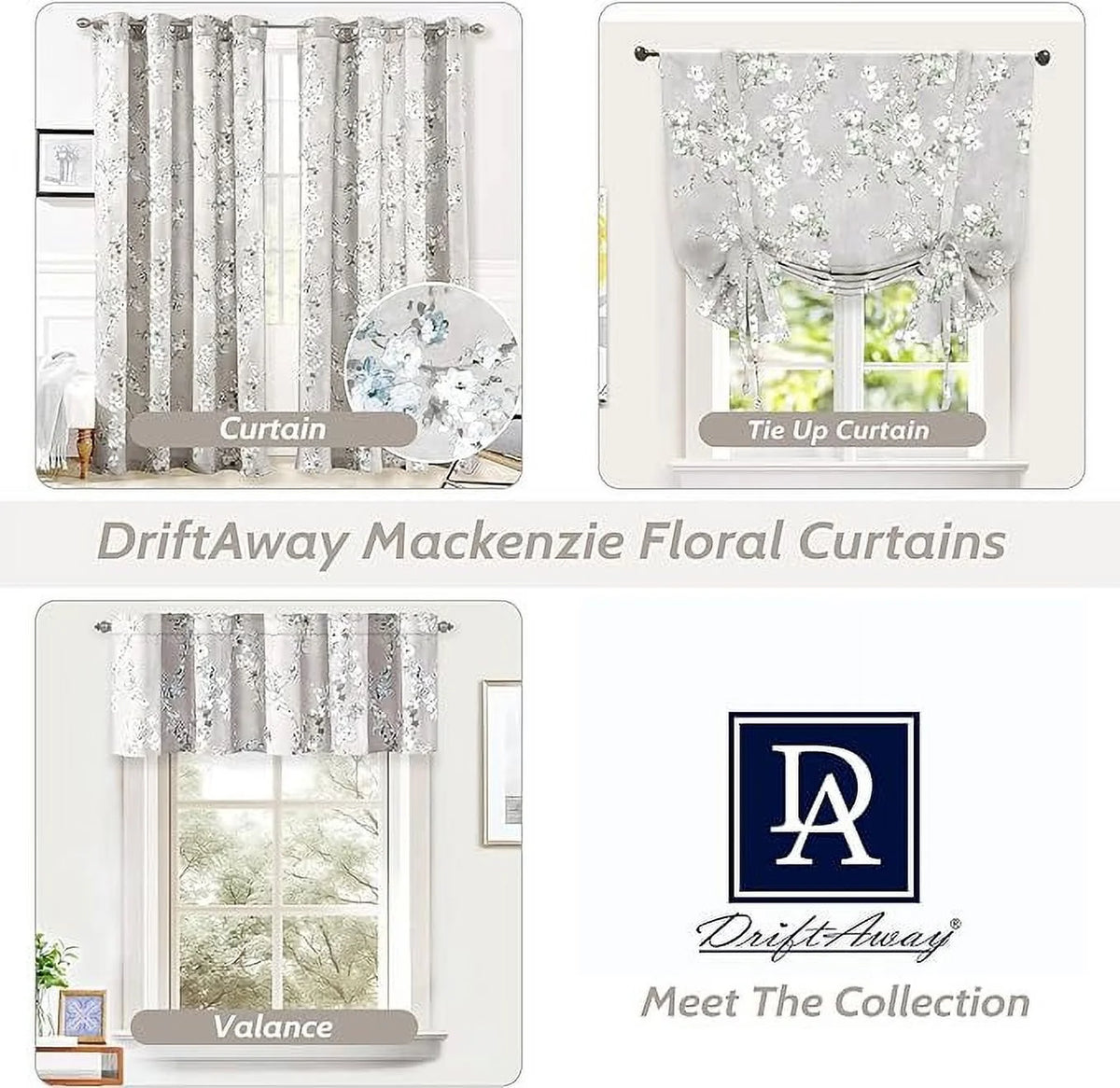 Blue Gray Floral Tie Up Curtain I87999